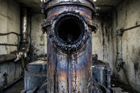 Diesel generator exhaust stack outlet stained with black oily wet-stacking residue