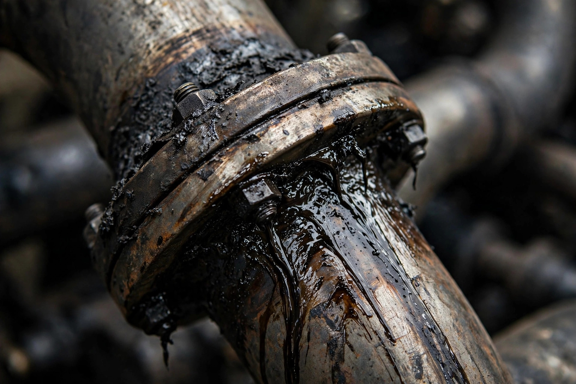 Close-up of black tarry slobber deposits around a diesel generator exhaust flange