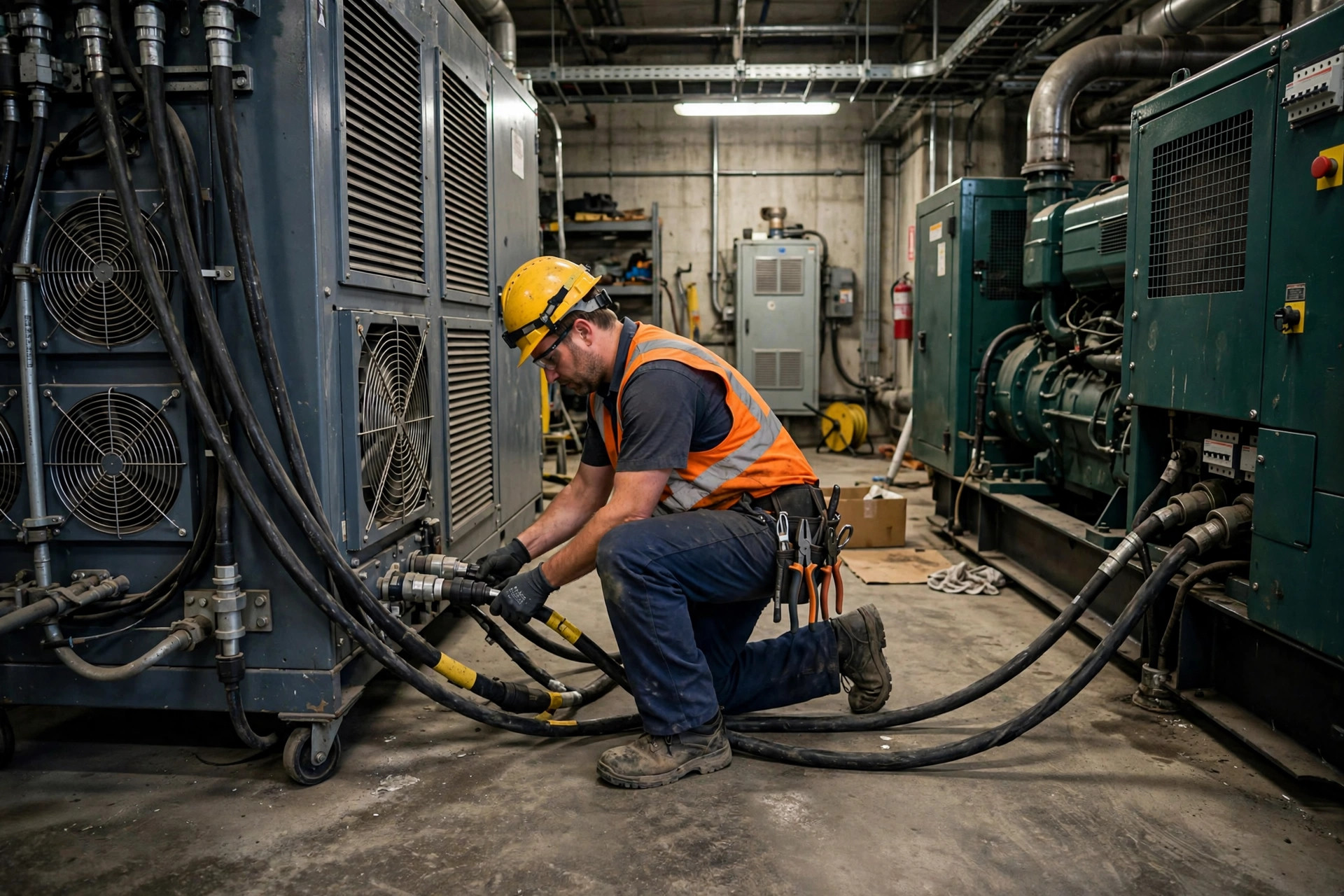 Technician running a resistive load bank test on a diesel generator to burn off wet stacking