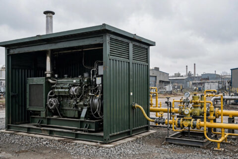 Dual-fuel diesel generator with a yellow natural gas supply pipe and metering train connected beside the enclosure