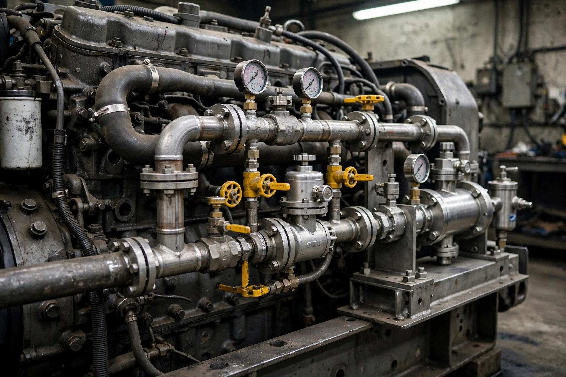 Close-up of a dual-fuel conversion gas train with pressure gauges and shutoff valves mounted on a diesel generator engine