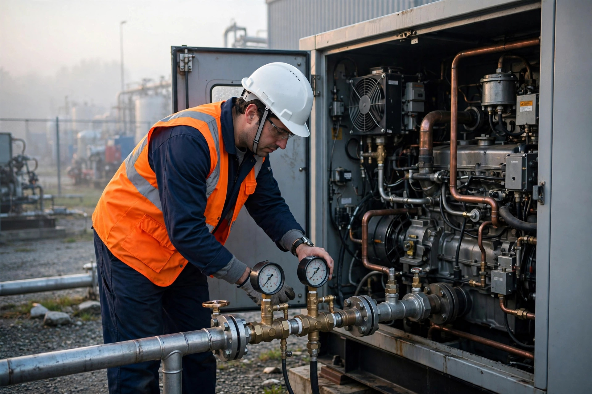 Field technician checking gas supply pressure gauges during commissioning of a dual-fuel diesel generator set