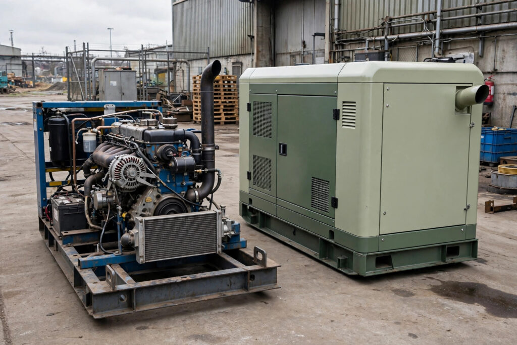 Open skid diesel genset next to a canopied silent diesel genset