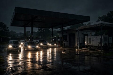 Dark gas station canopy at night during a power outage, with a diesel generator set installed beside the building