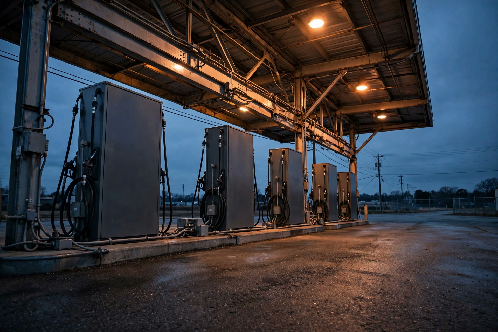 Fuel dispensers under a gas station canopy at dusk, the load a backup generator must carry