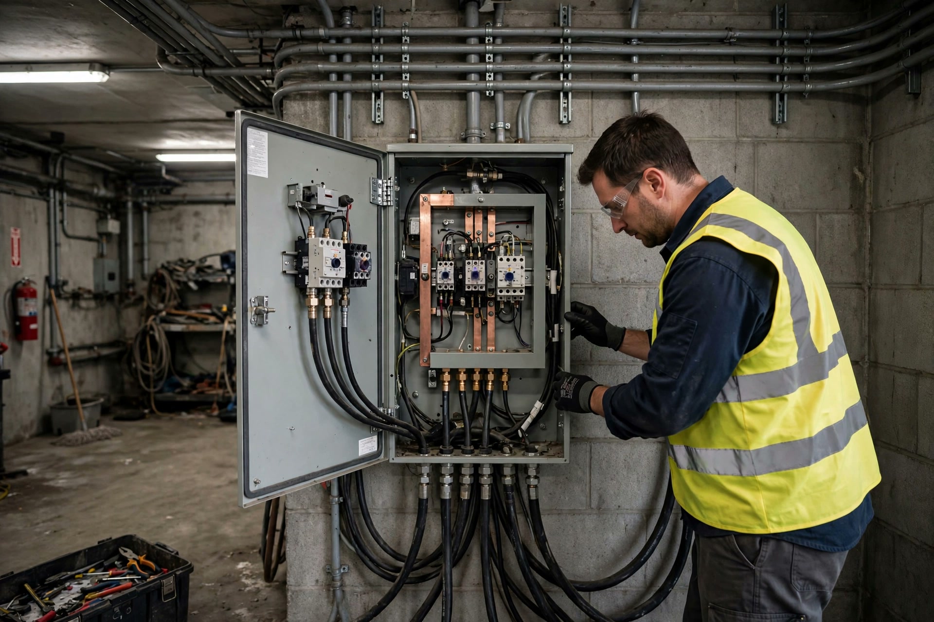 Electrician inspecting an automatic transfer switch panel prewired for a portable diesel generator at a fuel station