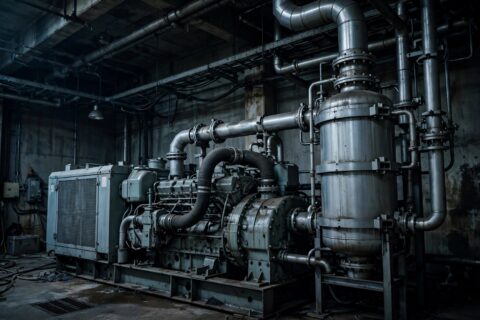 Diesel generator exhaust stack with aftertreatment system at an industrial site