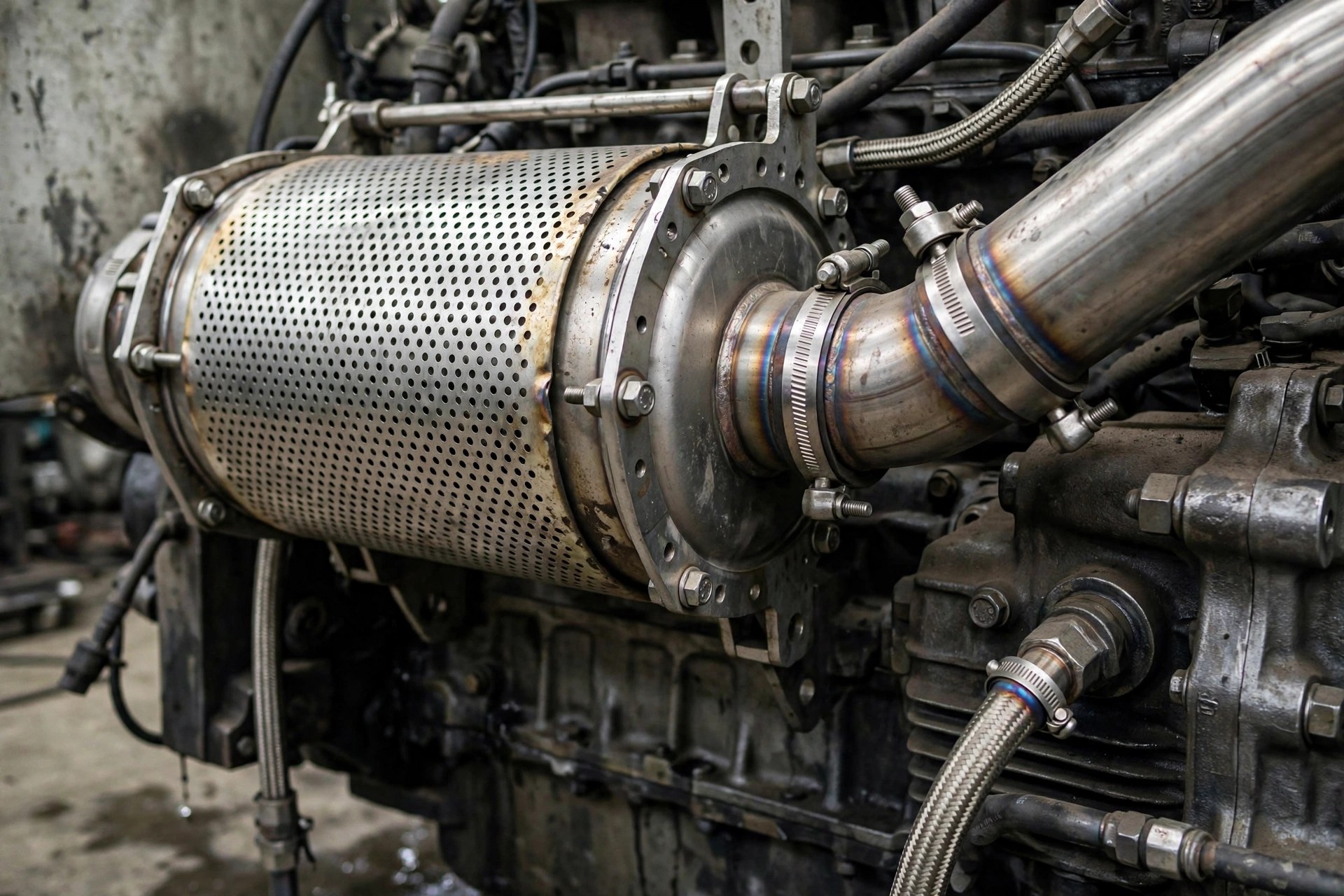 DPF exhaust aftertreatment canister on a Tier 4 diesel generator set