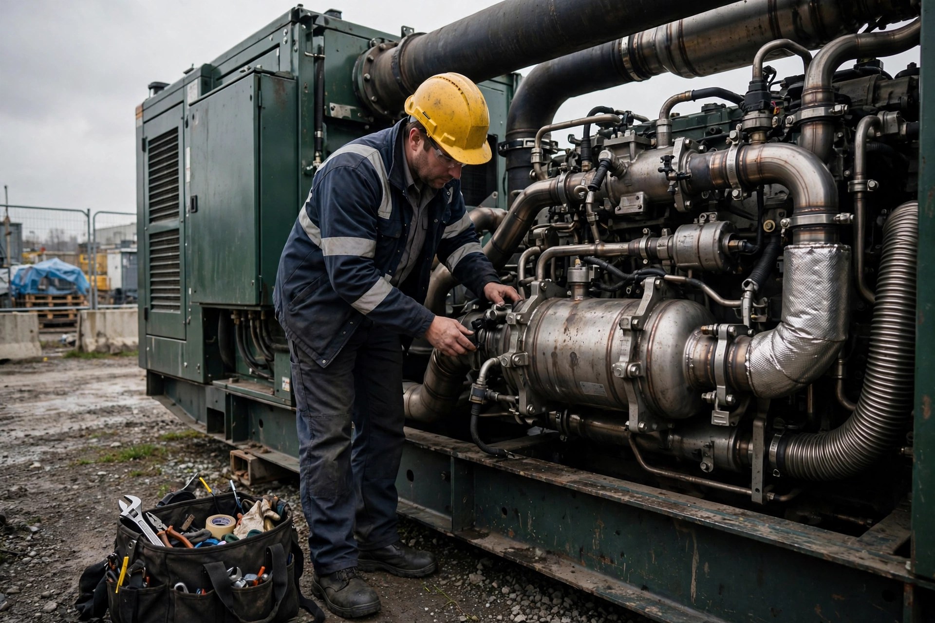 Technician inspecting a diesel generator exhaust aftertreatment system