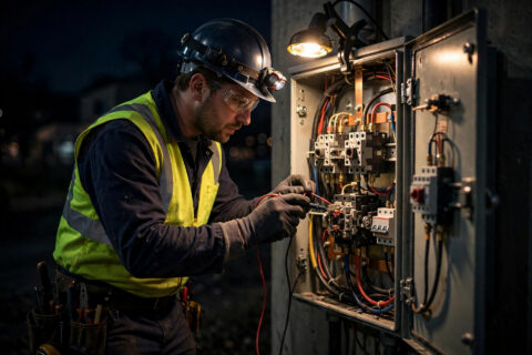 Electrician testing an automatic transfer switch inside a commercial electrical panel at night