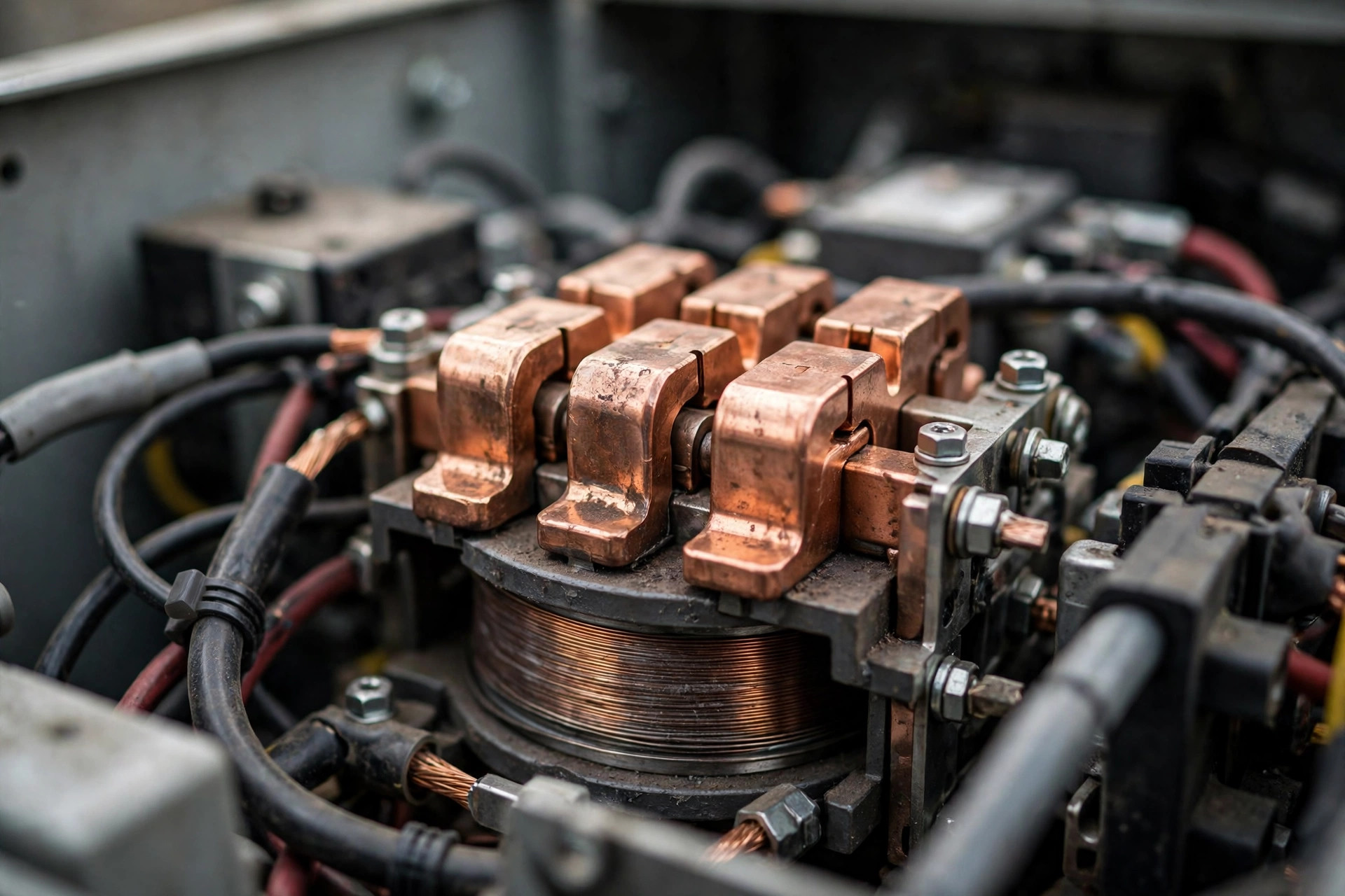 Close-up of the contactor assembly inside an automatic transfer switch for a diesel generator