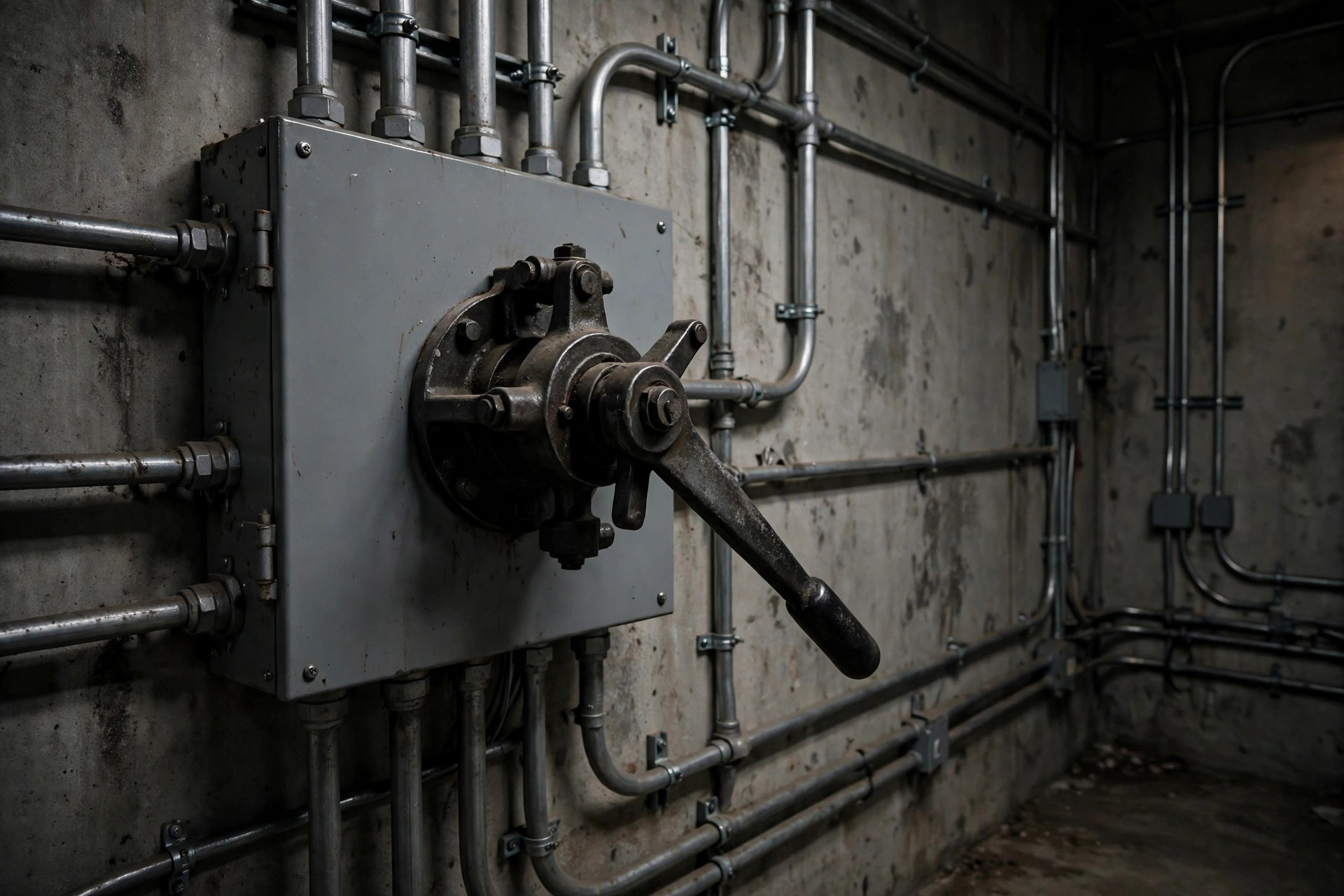 A manual transfer switch lever on a wall-mounted electrical panel in a utility room