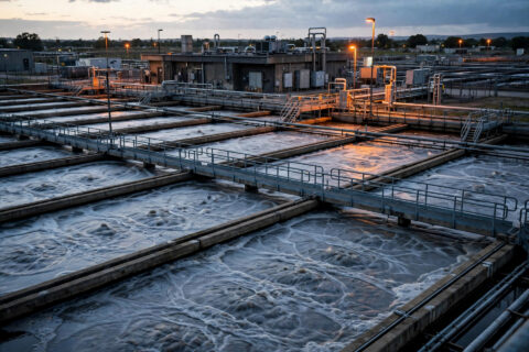 Wastewater treatment plant aeration basins at dusk — backup power keeps the biology alive