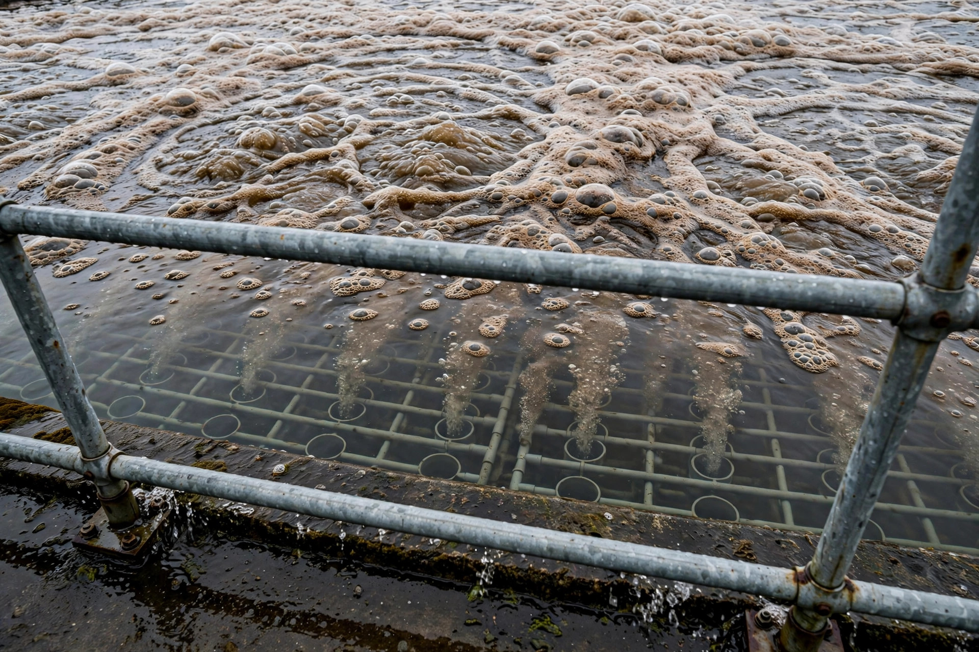Aeration basin with air diffusers churning — blowers are the largest electrical load at most treatment plants