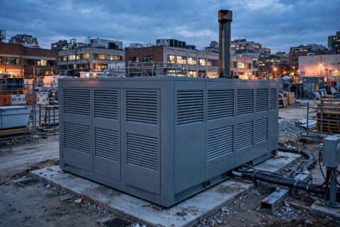 Sound-attenuated enclosure canopy on an industrial diesel generator at an urban site