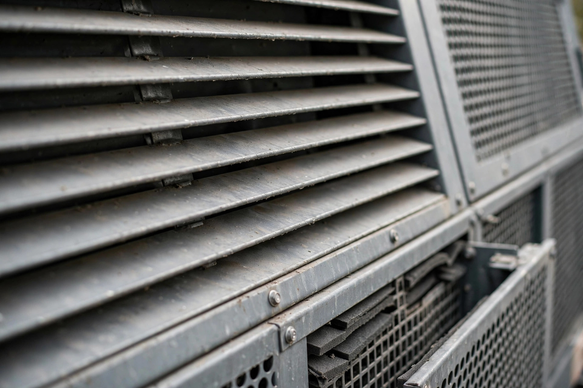 Ventilation intake louvers and acoustic baffles on a sound-attenuated generator enclosure