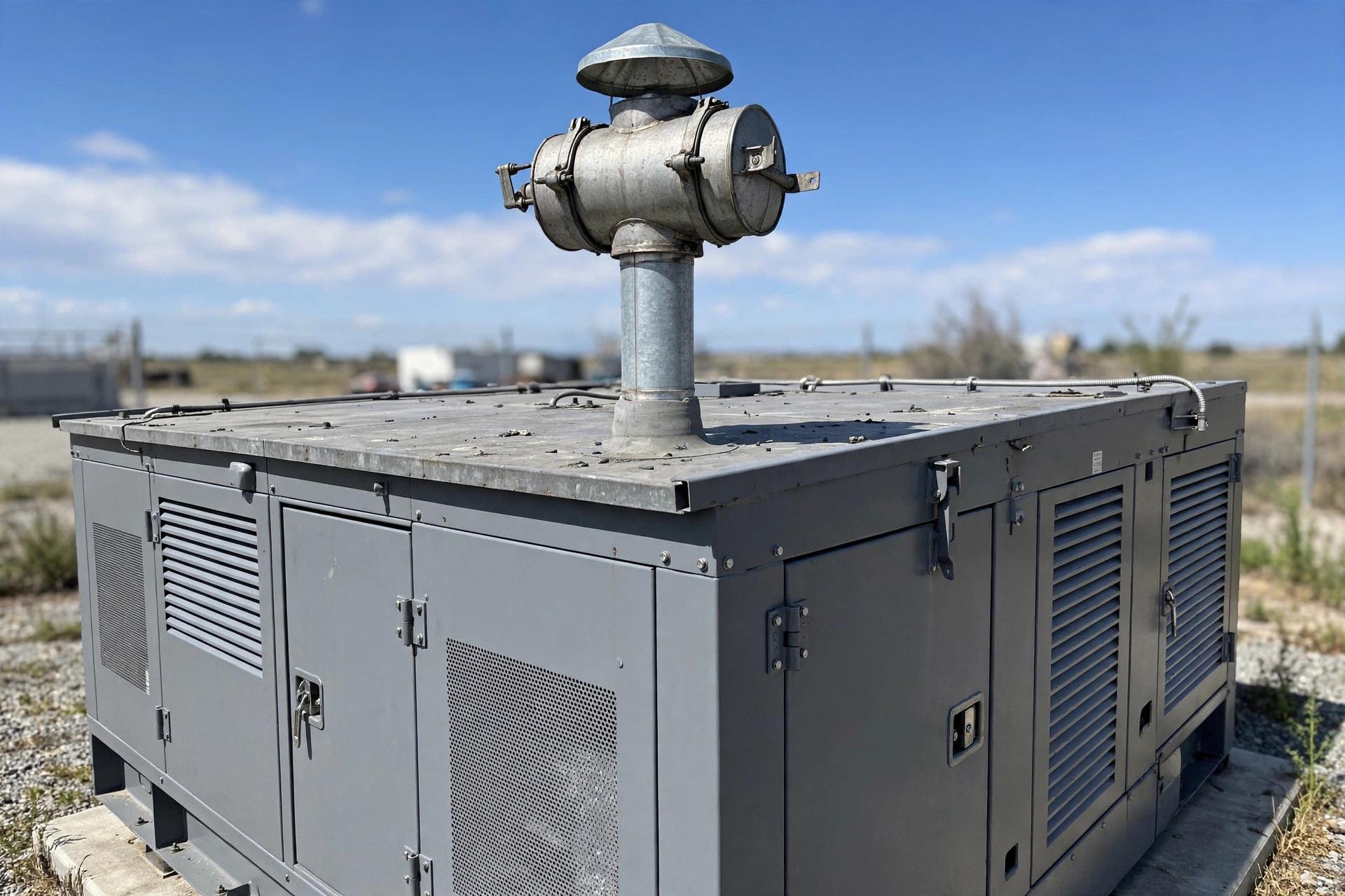 Exhaust silencer and rain cap mounted on the roof of a soundproof generator canopy