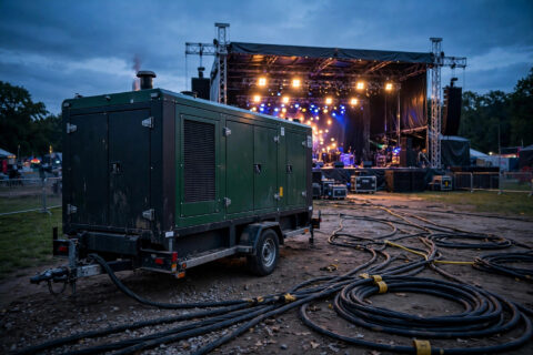 Towable diesel generator with sound-attenuated canopy set up behind a festival main stage at dusk