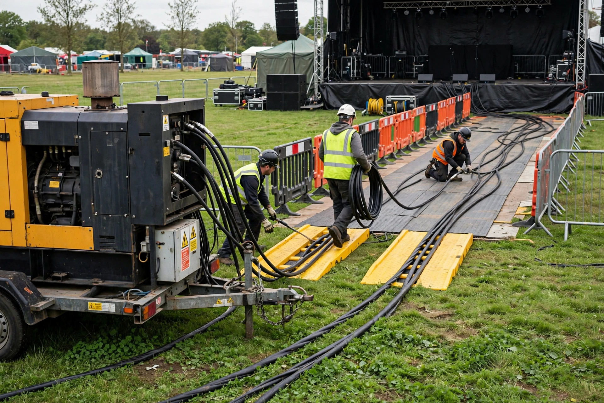 Event crew running heavy power cables from a generator to the stage distribution board across a festival field