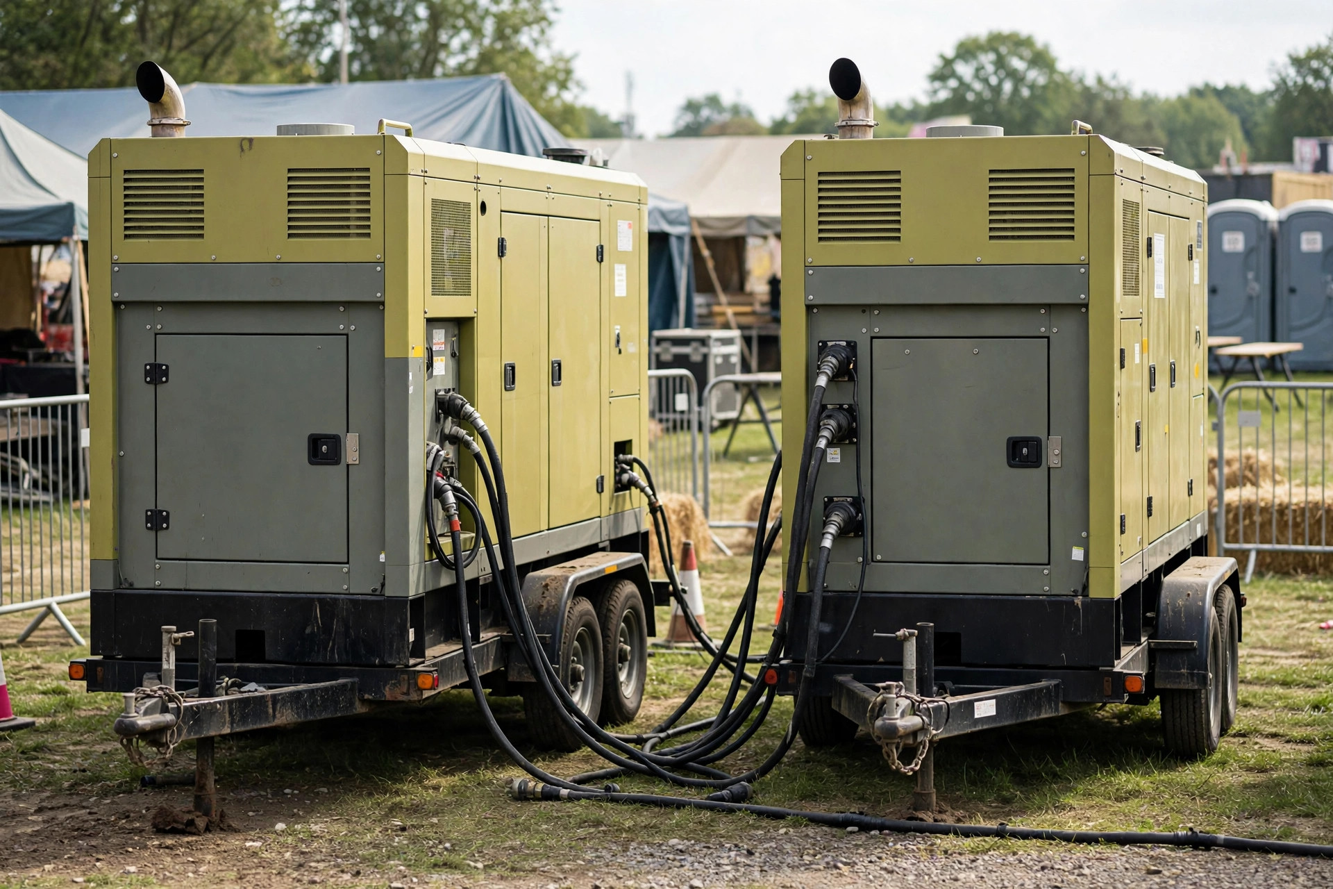Two towable diesel generators running in parallel at an outdoor festival site