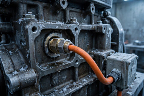 Diesel generator block heater installed in the engine coolant port with power cable