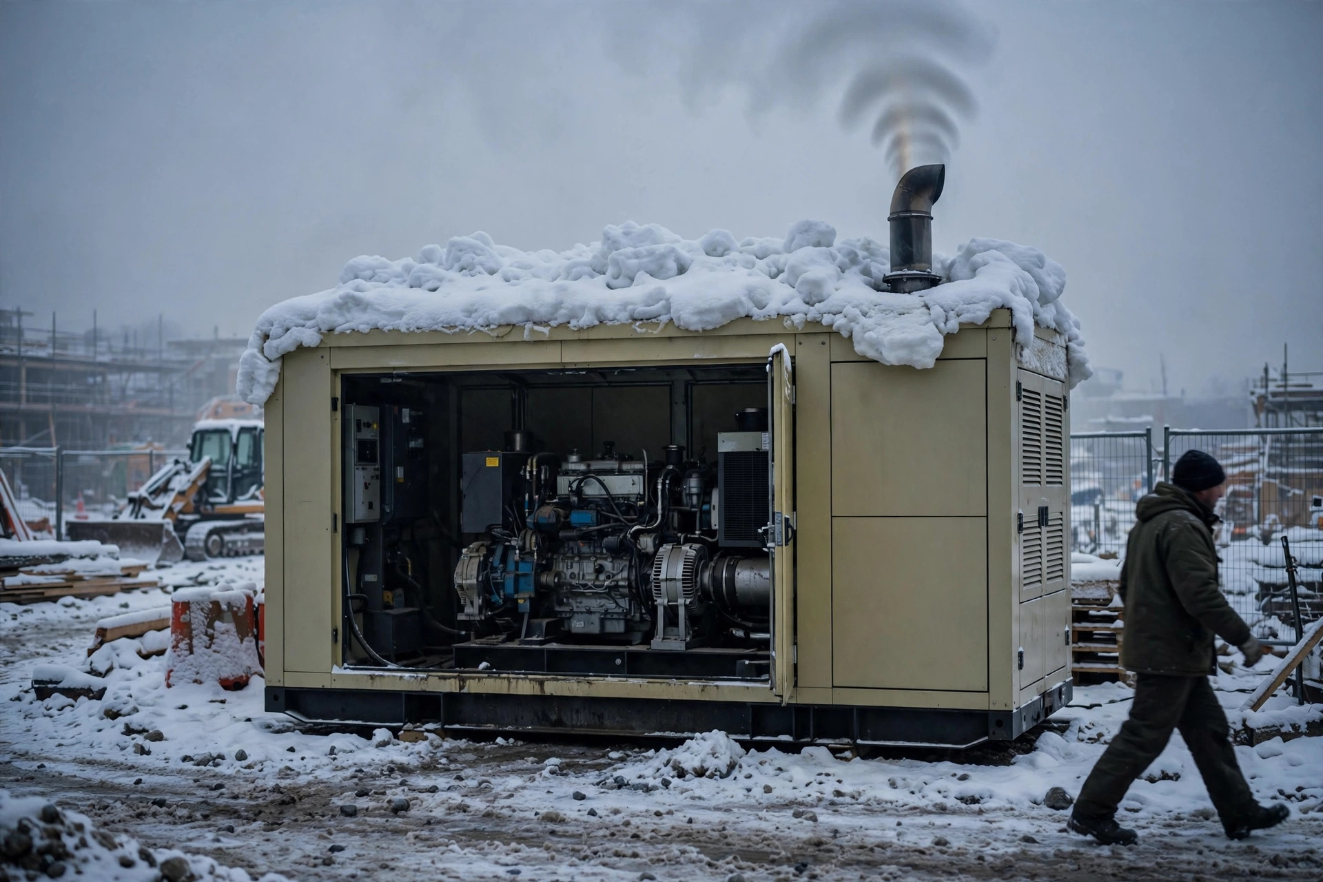 Diesel generator set in a soundproof canopy on a snowy site at dawn