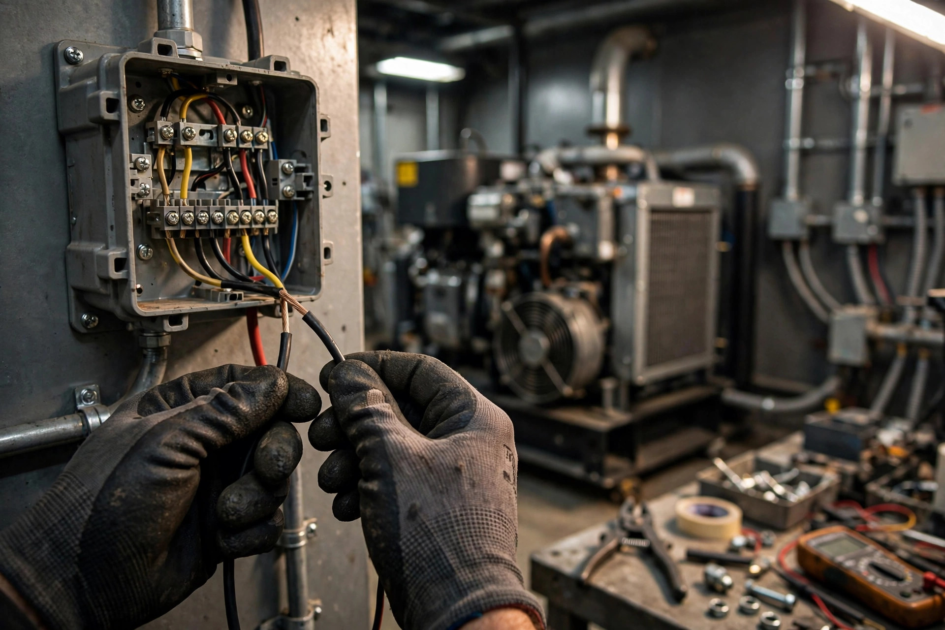 Electrician wiring a block heater thermostat controller in a generator room