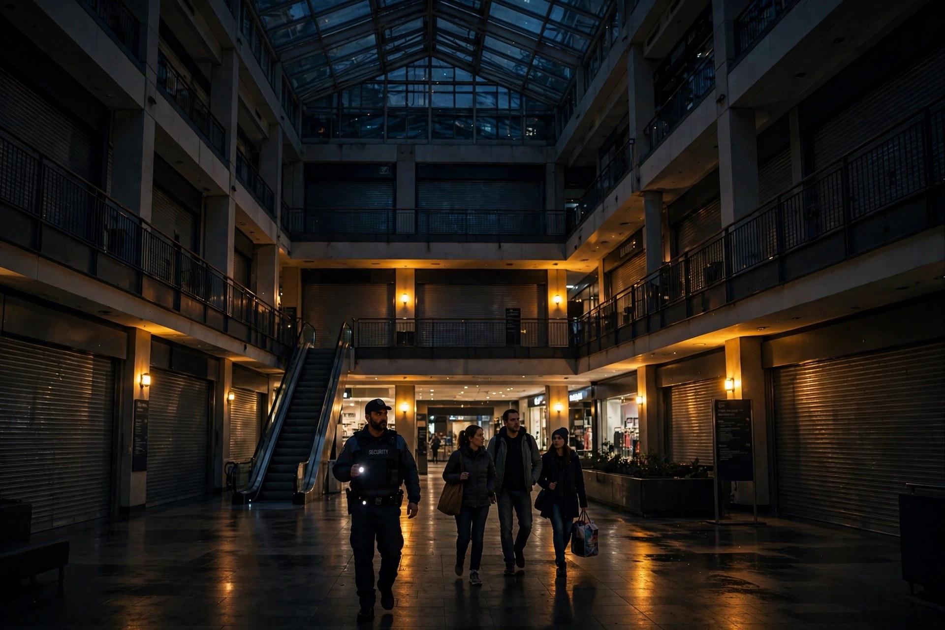 Shopping mall atrium lit by emergency lighting during a power outage