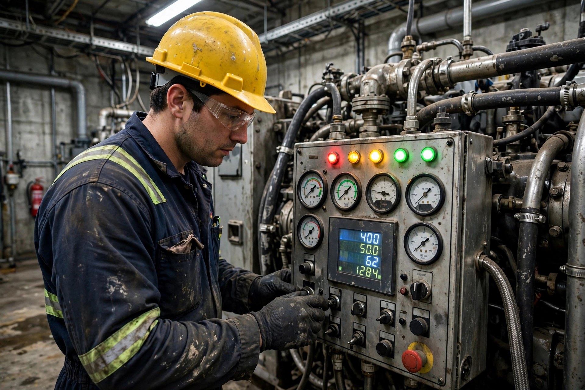 Field engineer checking a generator control panel in a commercial building