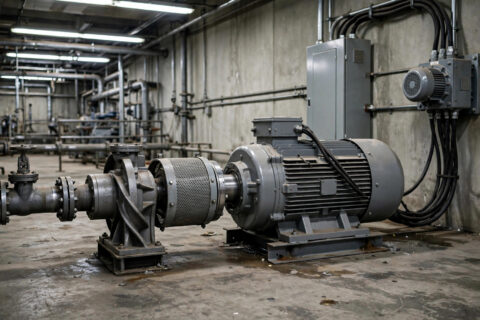 Large industrial electric motor and pump with starter cabinet — motor starting decides diesel generator sizing