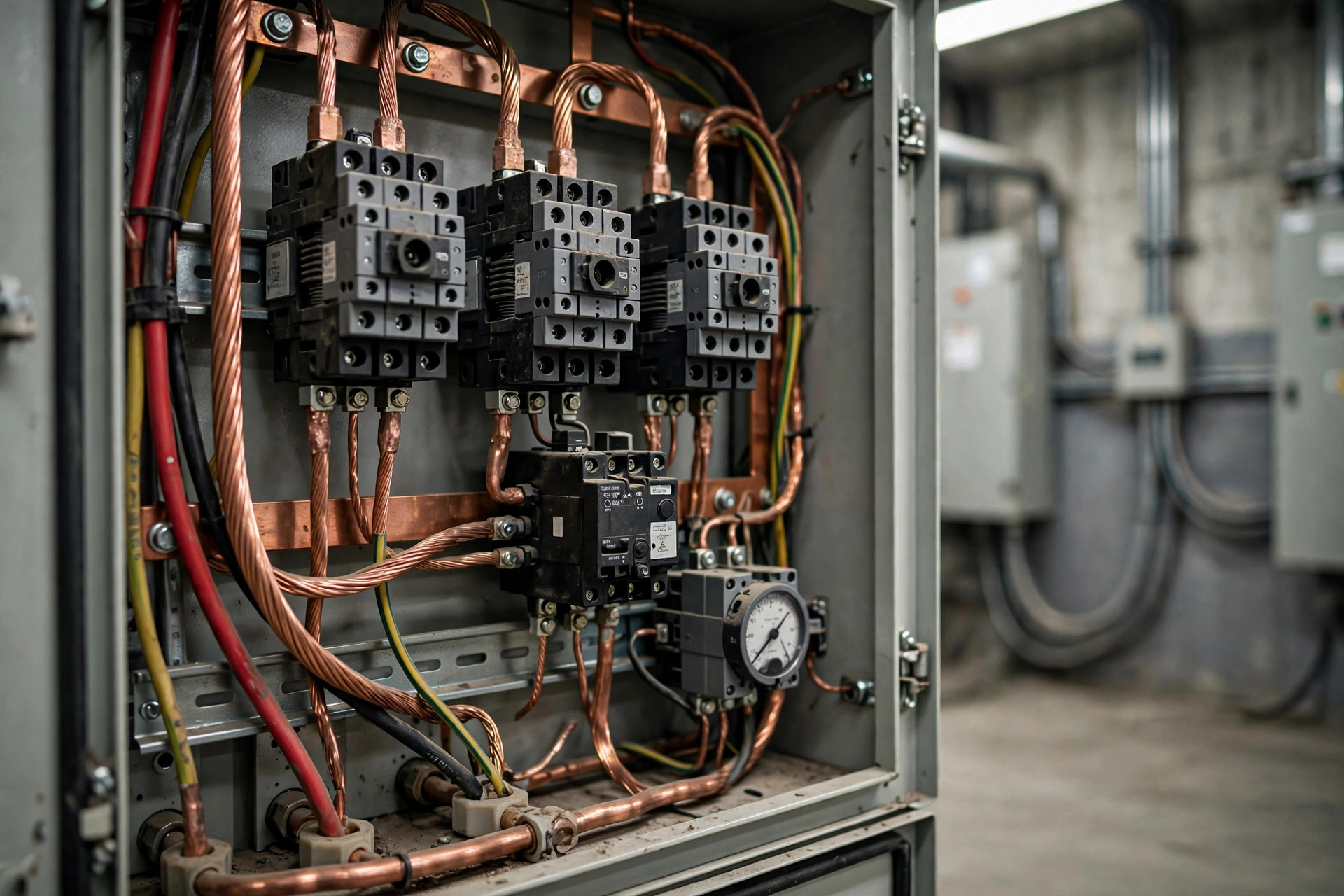 Star-delta motor starter cabinet with contactors for reduced-voltage motor starting