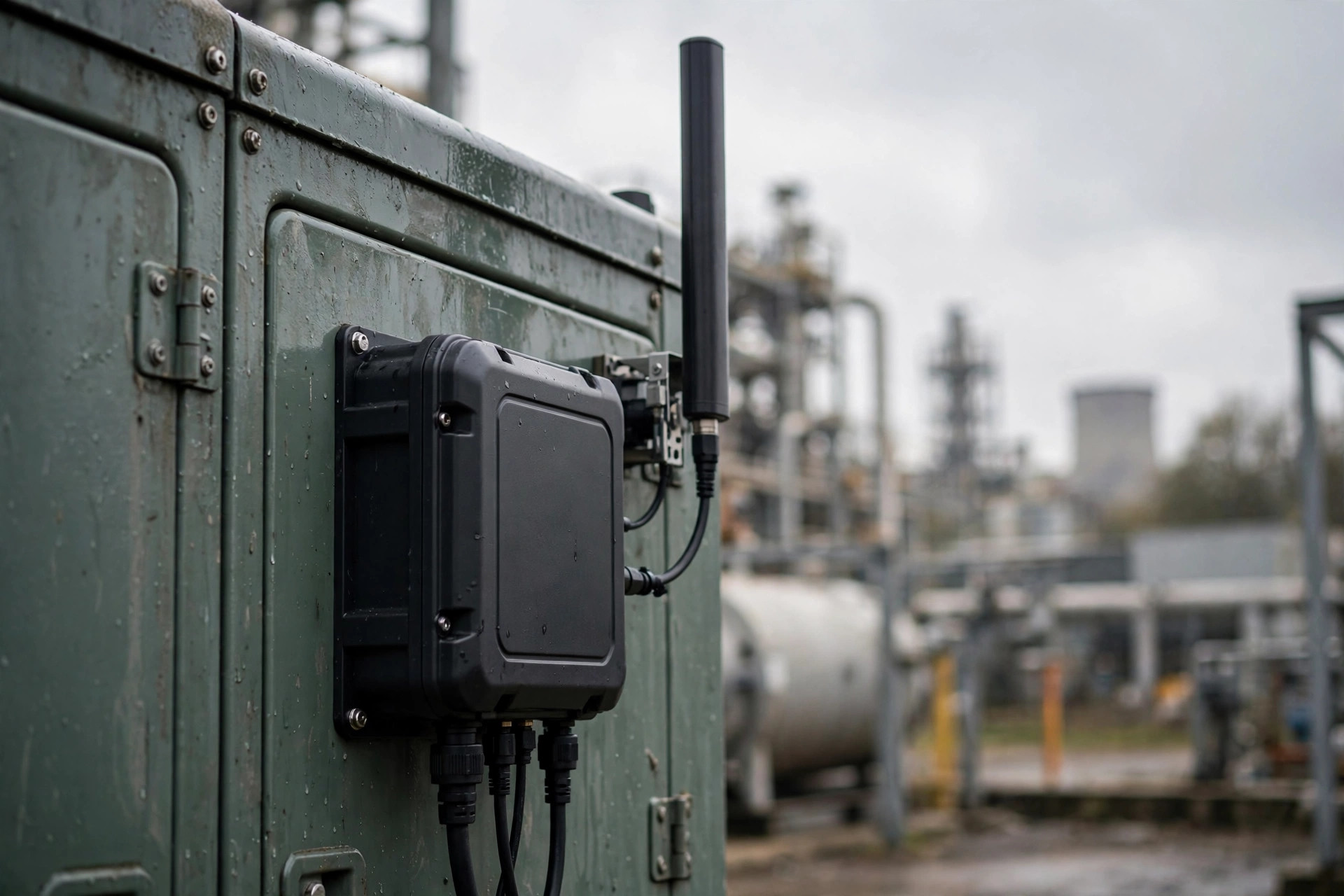 4G cellular antenna and weatherproof IoT modem mounted on a diesel generator enclosure — remote monitoring hardware that needs network security