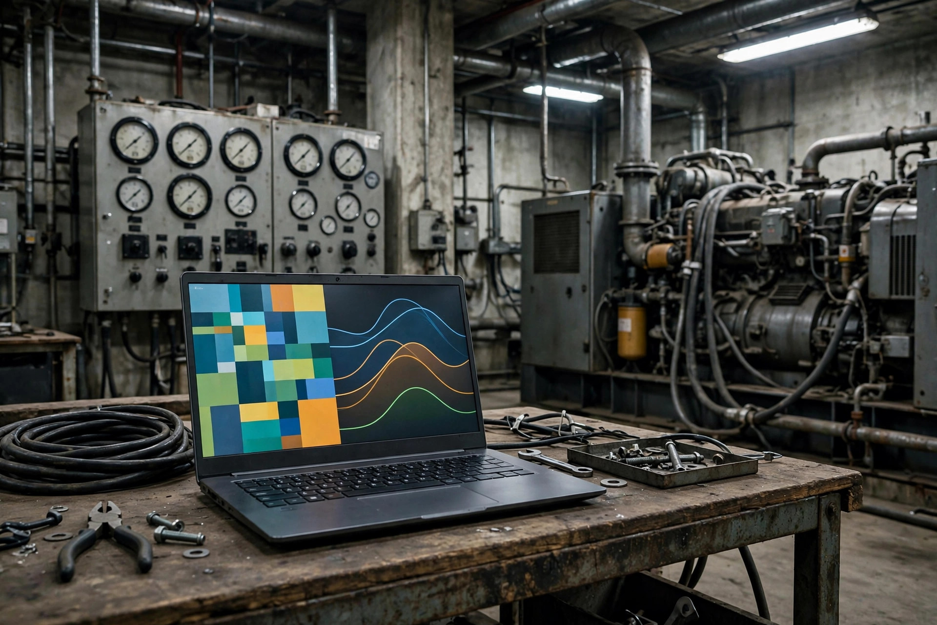 Technician's laptop showing a generator remote monitoring dashboard in a genset room — remote access must sit behind a VPN with strong passwords