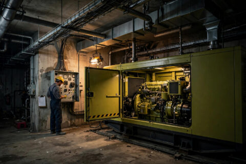 Industrial diesel generator set with canopy open in a plant room during service
