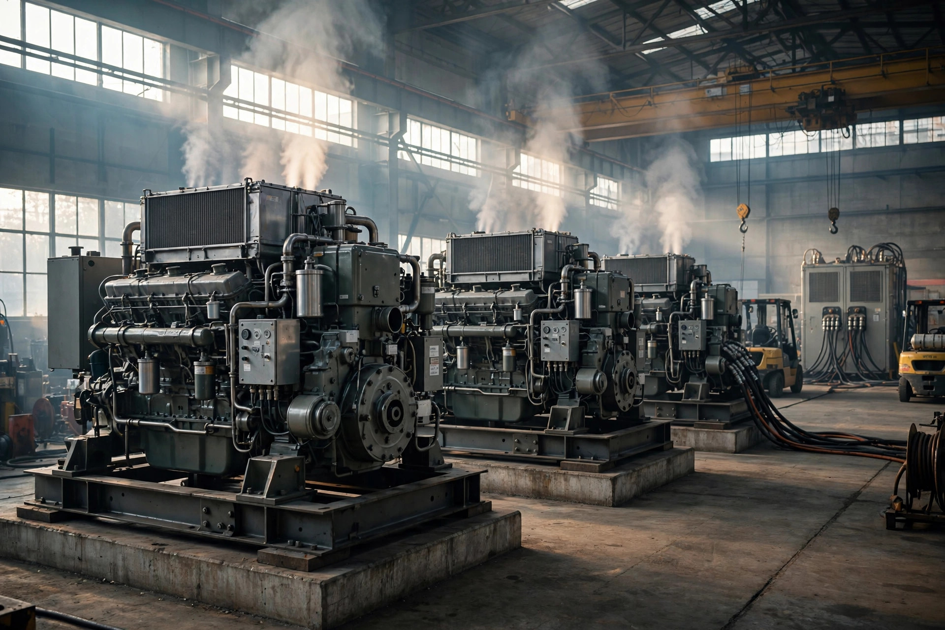 Row of large open-skid industrial diesel generators in a test bay