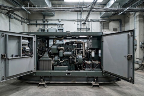 Industrial diesel generator set installed in a factory electrical room — peak shaving puts real hours on a standby machine