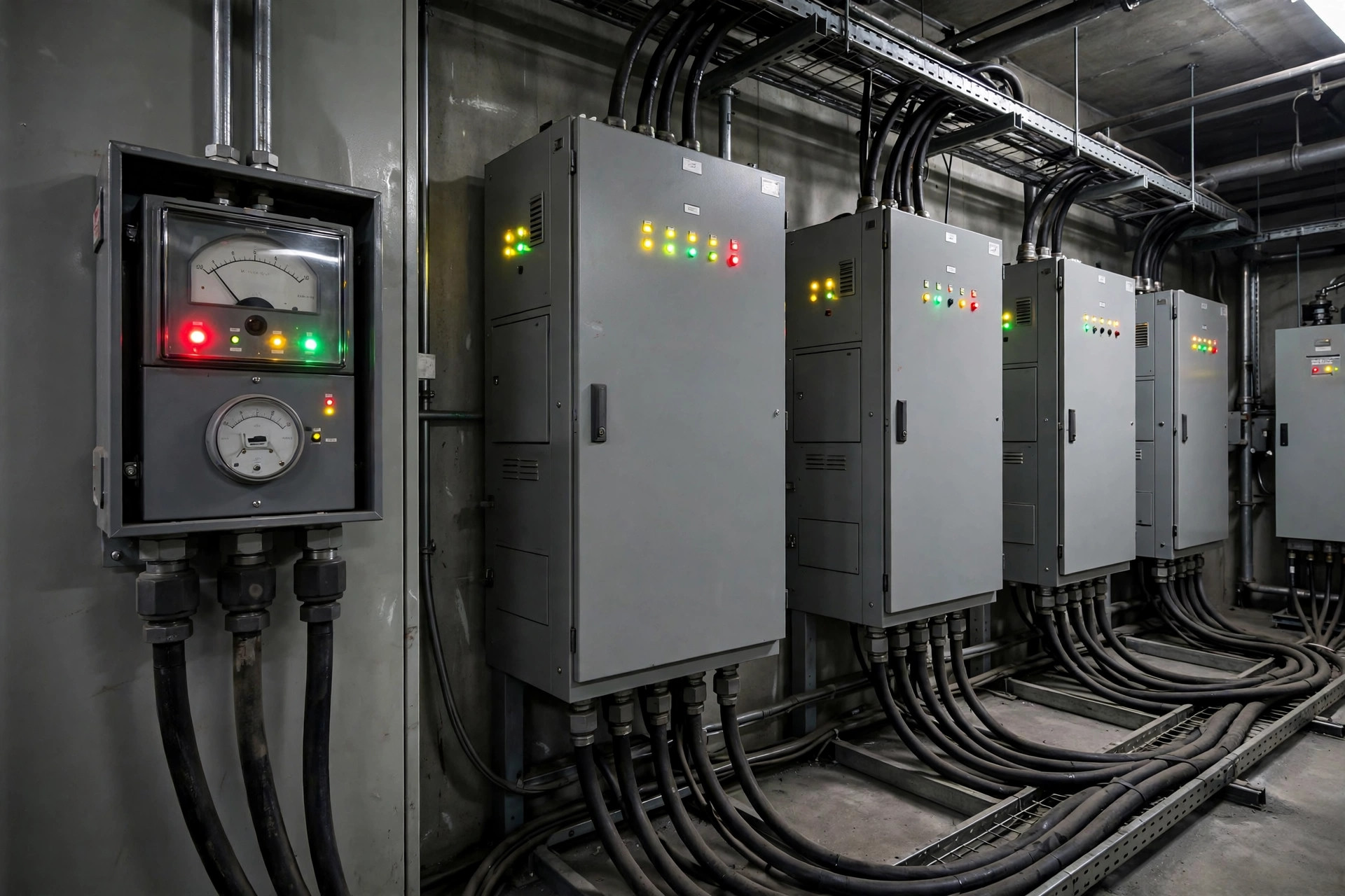 Industrial electricity demand meter and switchgear at a manufacturing plant — peak demand charges are what peak shaving tries to cut