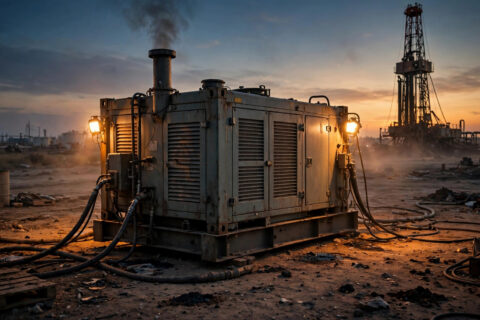 Containerized diesel generator set powering an oil field well site at dusk, drilling rig derrick in the background
