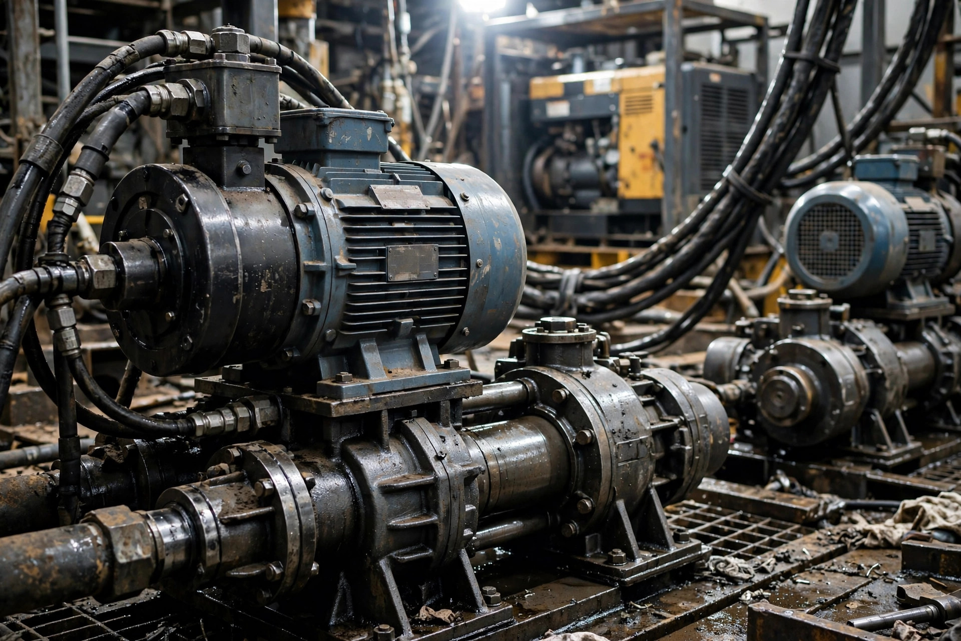 Triplex mud pumps and large electric motors on a drill rig floor — motor inrush current is what sizes the generator's alternator