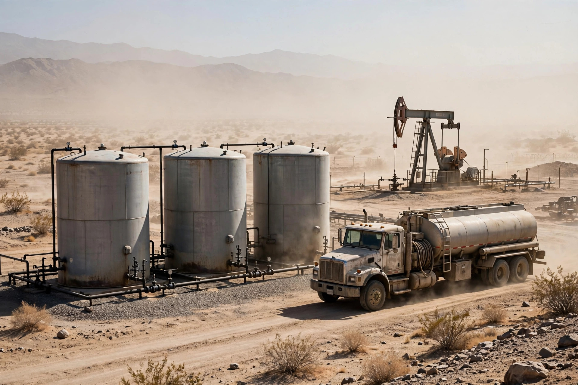 Diesel fuel storage tanks and a fuel truck at a remote oil field well site — fuel logistics decides how long the generator keeps running
