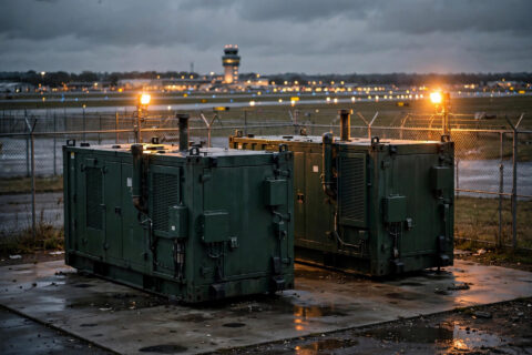 Containerized diesel generator sets providing airport backup power at dusk