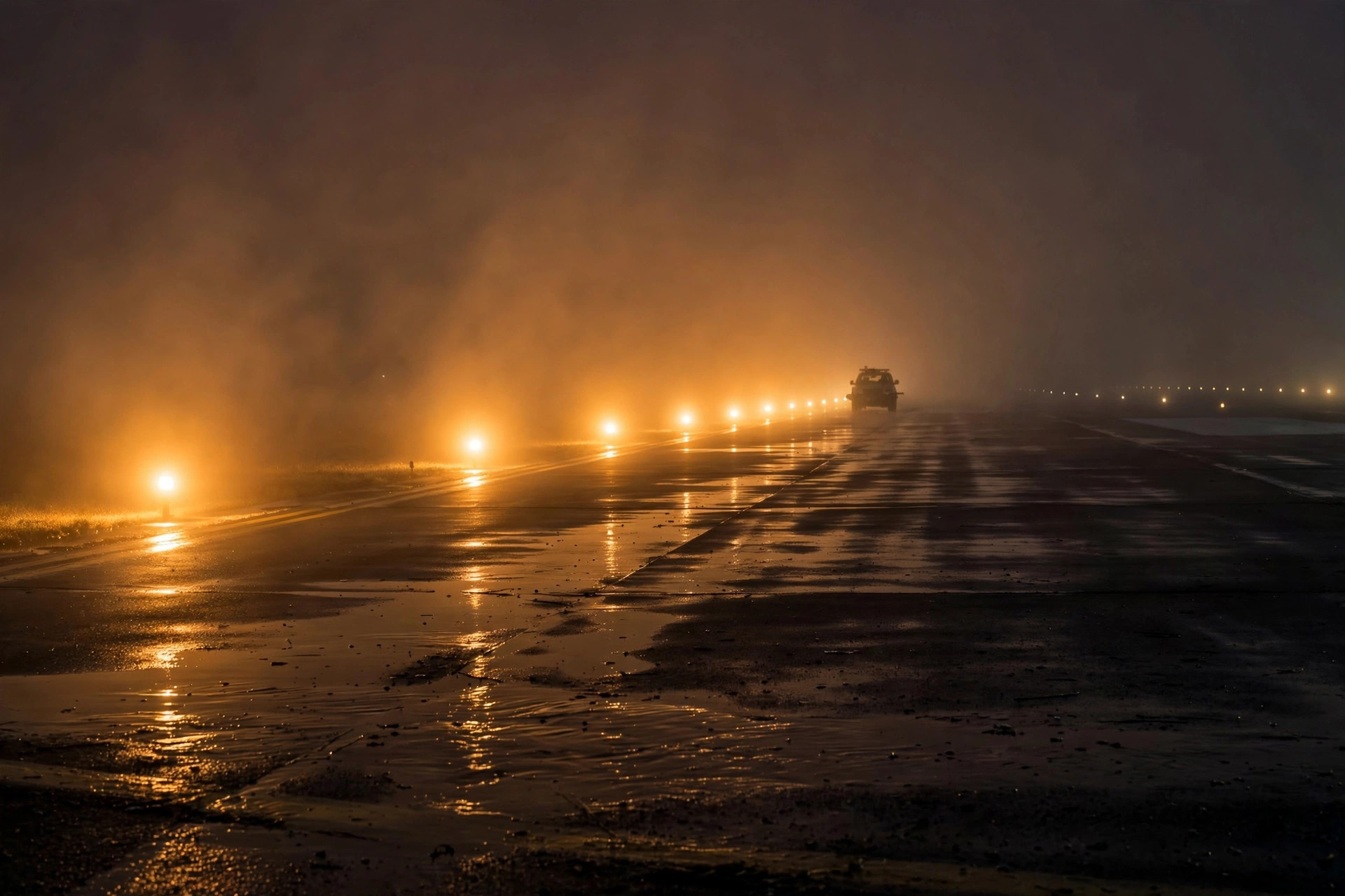 Runway edge lights glowing through fog during a nighttime transfer test