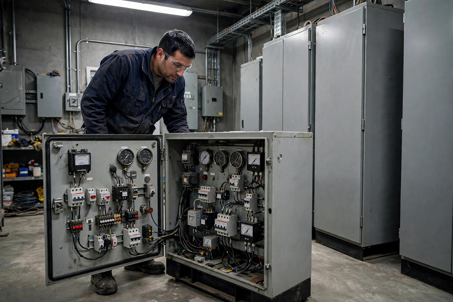 Technician checking generator control panel and transfer switchgear