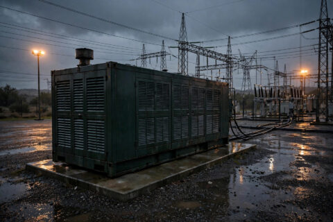 Containerized diesel generator with black start capability standing by at a utility substation at dusk