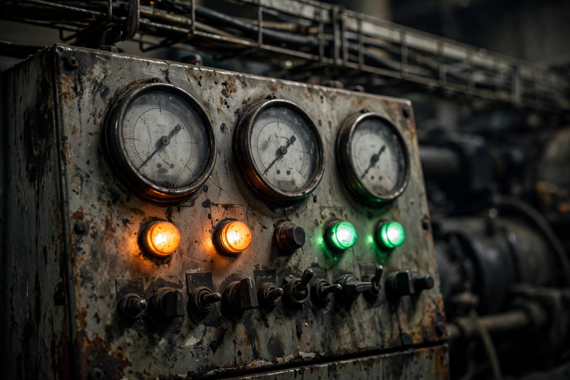 Close-up of a diesel generator control panel with gauges and indicator lamps in a dark plant room
