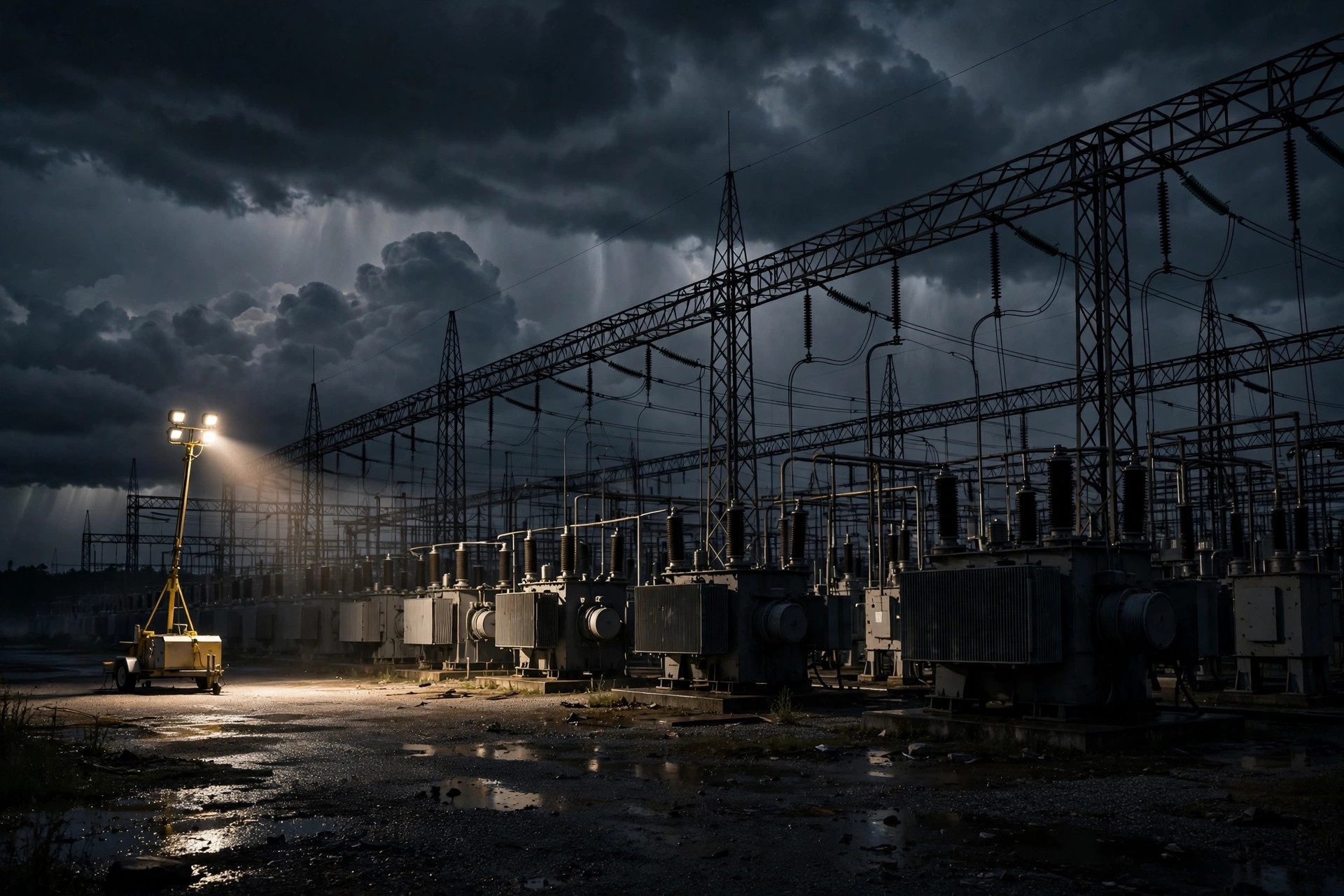 De-energized high-voltage substation at night during a grid outage