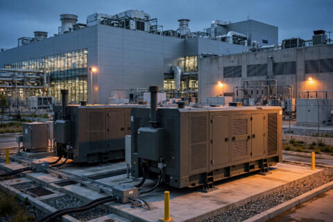Containerized diesel generators installed outside a modern semiconductor manufacturing plant at dusk