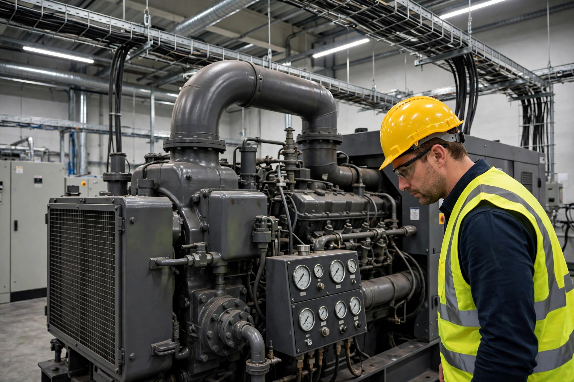 Diesel generator set in a dedicated power hall beside a semiconductor fab, engineer inspecting the unit