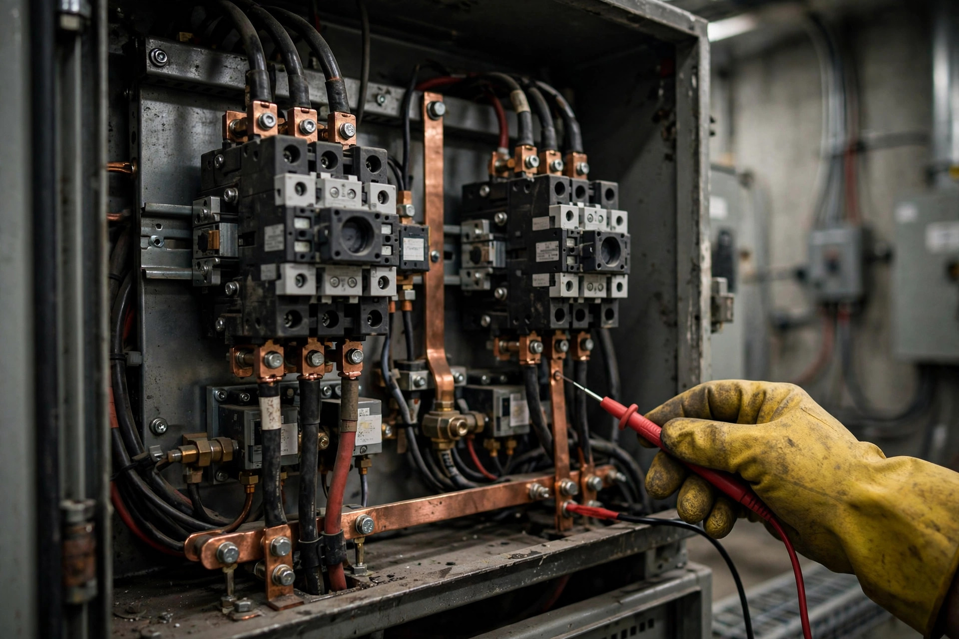 Automatic transfer switch cabinet in a semiconductor plant electrical room, technician checking connections