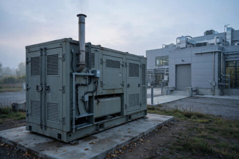 Containerized diesel generator installed beside a modern pharmaceutical manufacturing plant at dawn